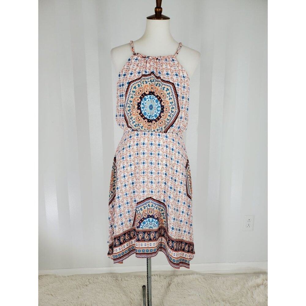 A.N.A. Boho Festival Medallion Print Lined Sleeveless Dress Braided Straps Sz 8